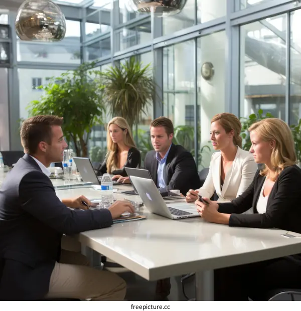 Business meeting in a modern office space with glass walls