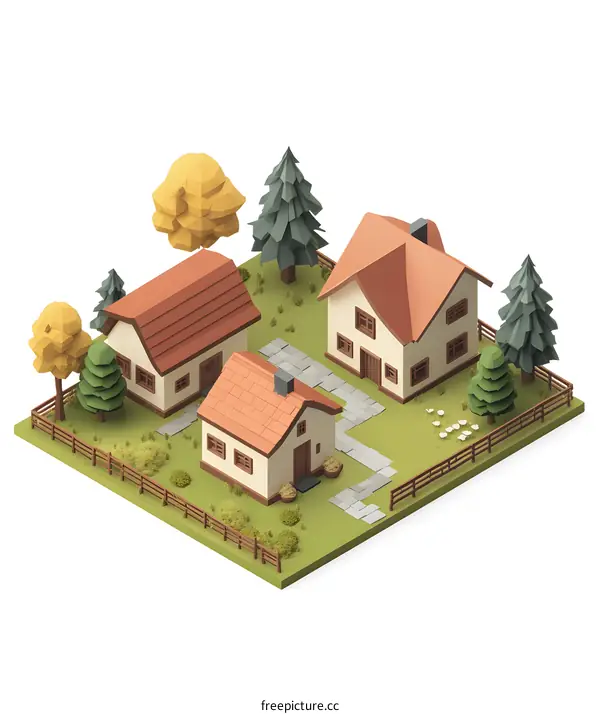 Low Poly Isometric Village 3D Illustration