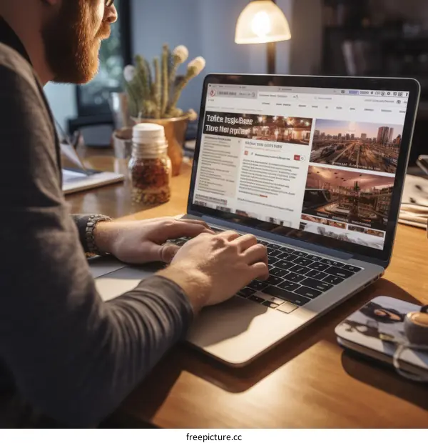 A man is working on his laptop in a home office.