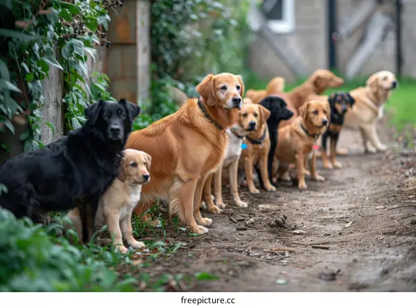 A group of dogs of different breeds standing in a row outdoors