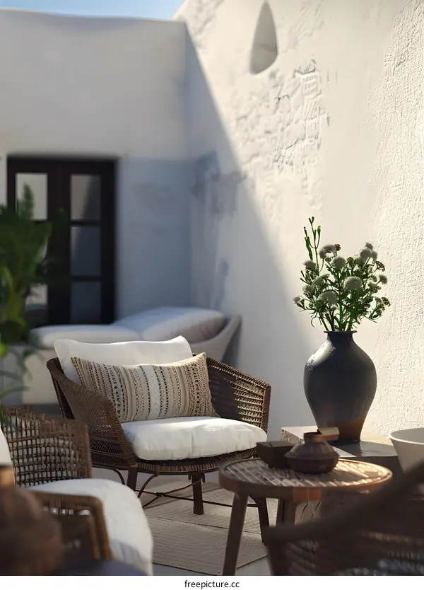 White Wall Patio With Wicker Chairs and Flowers