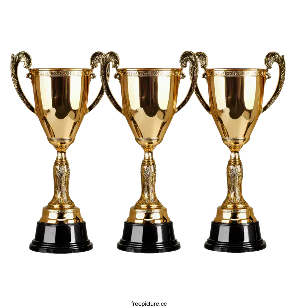 [Transparent Background PNG]Three Gold Trophies on White Background