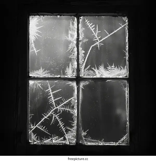 Black and white photo of frost on a window