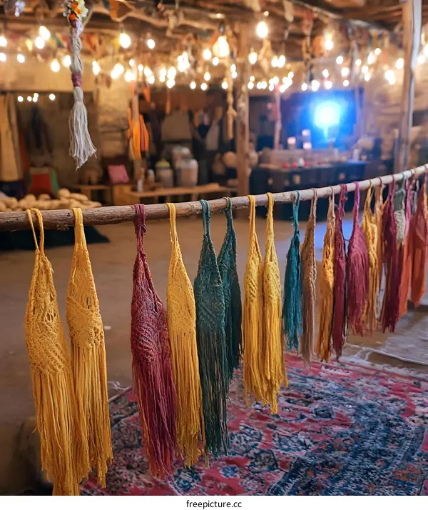 Colorful Handmade Macrame Tassels Hanging From a Wooden Stick