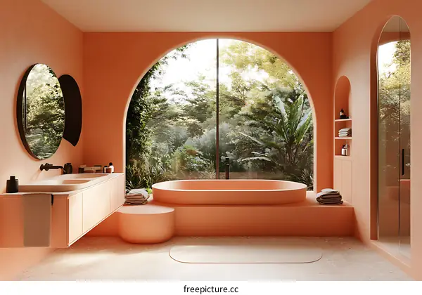 Modern Coral Bathroom with Lush Garden Views