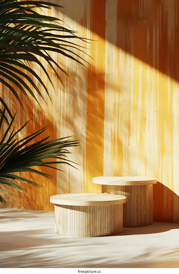 Minimalist Wooden Platform with Palm Leaves