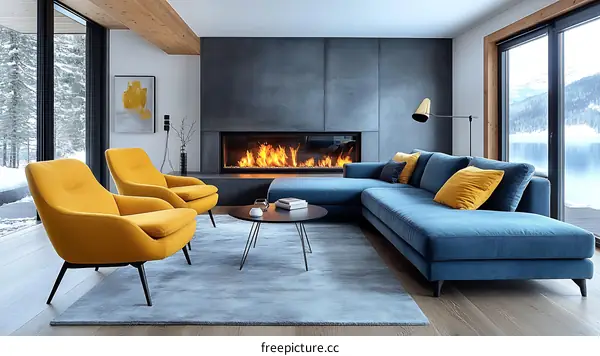Modern Cozy Living Room with Fireplace and Large Sectional Sofa