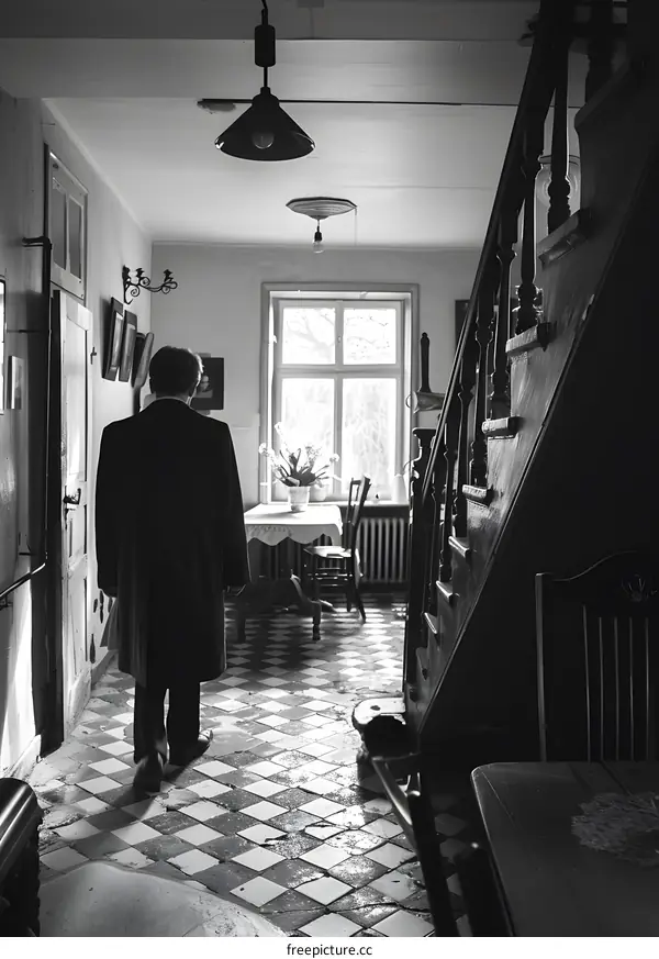 Elderly man walking in a traditional house