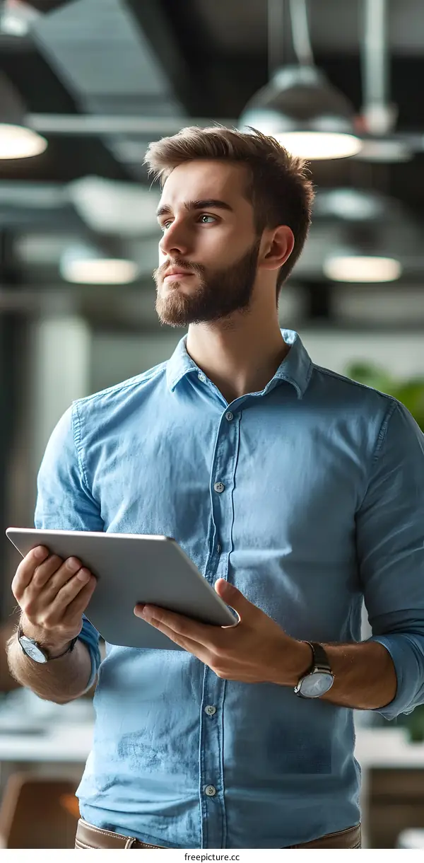 Young Man in Blue Shirt Looking Up While Holding a Tablet