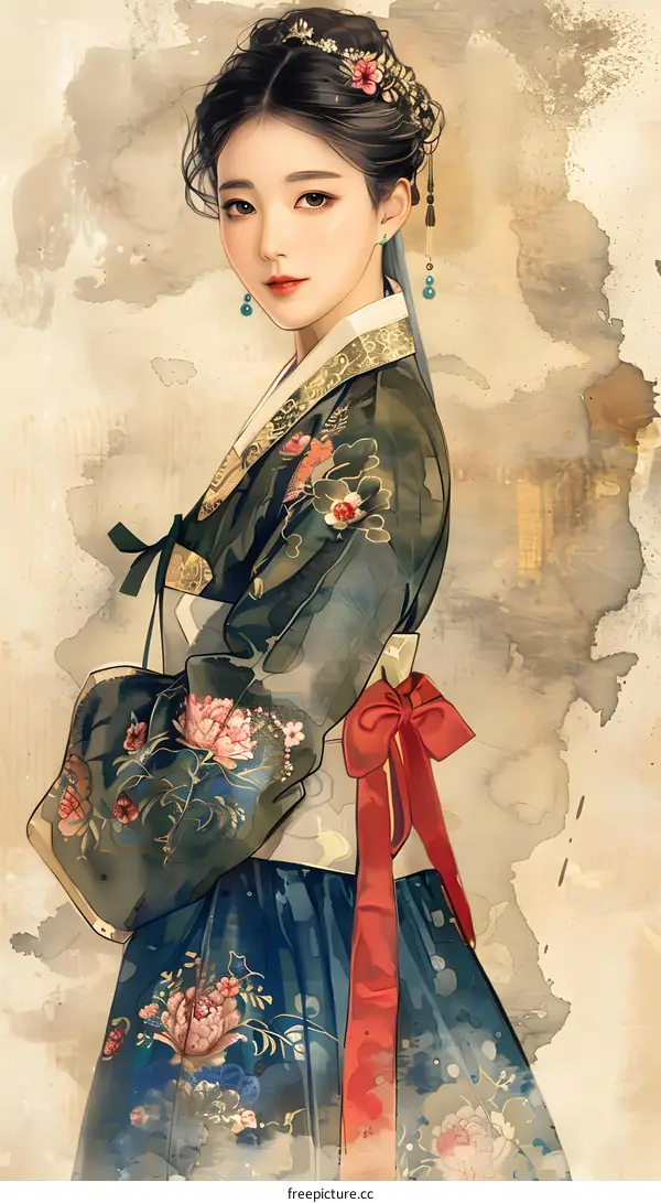 A digital painting of a young woman in a traditional Korean hanbok dress