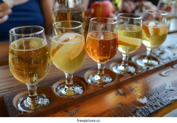Four Glasses of Sparkling Cider on a Wooden Tray