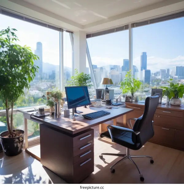 Modern office interior with large windows and city view