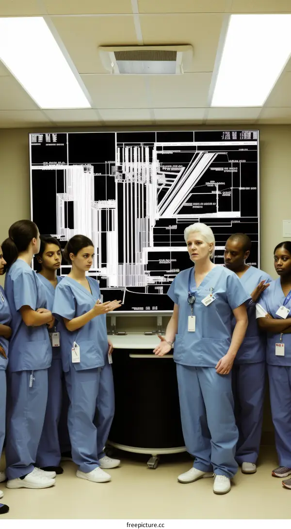 A group of people in scrubs looking at a large screen