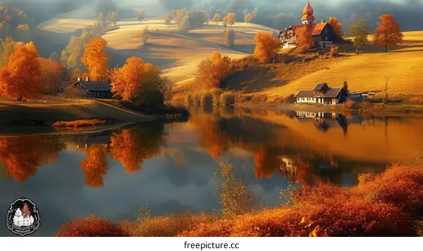 Small village near the lake in autumn