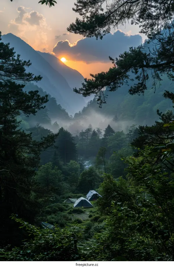 Camping in the valley with beautiful sunset