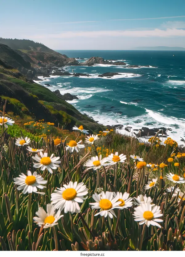 Coastal Landscape with Daisies and Ocean View