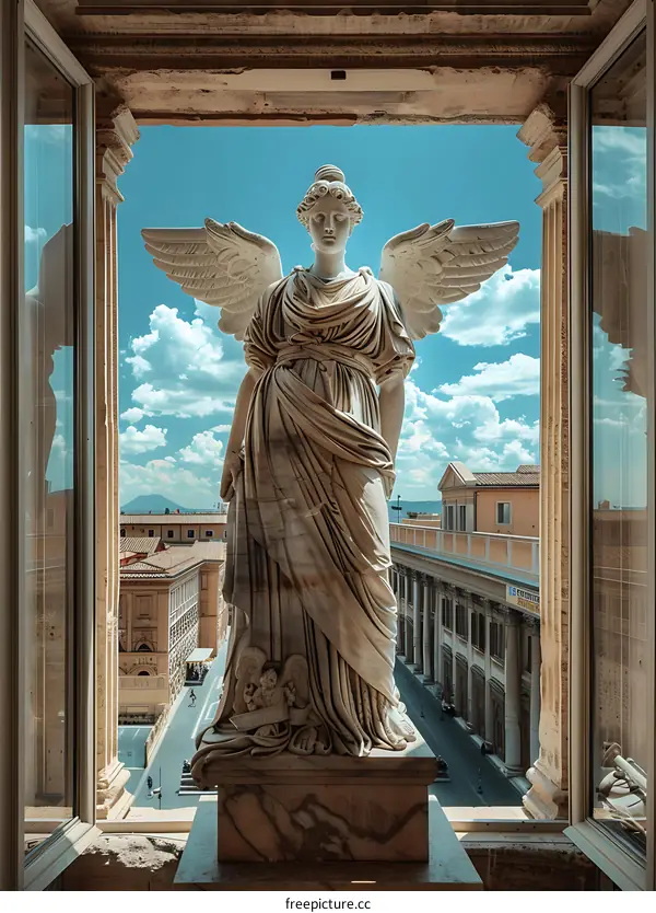 Angel Statue with City View From Window
