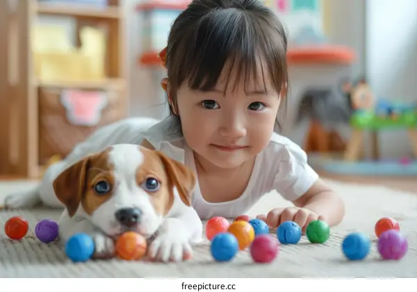 A toddler girl playing with a puppy