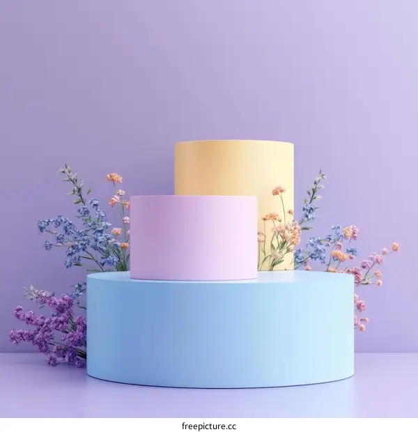 Pastel Colored Cylindrical Display Platforms with Flowers
