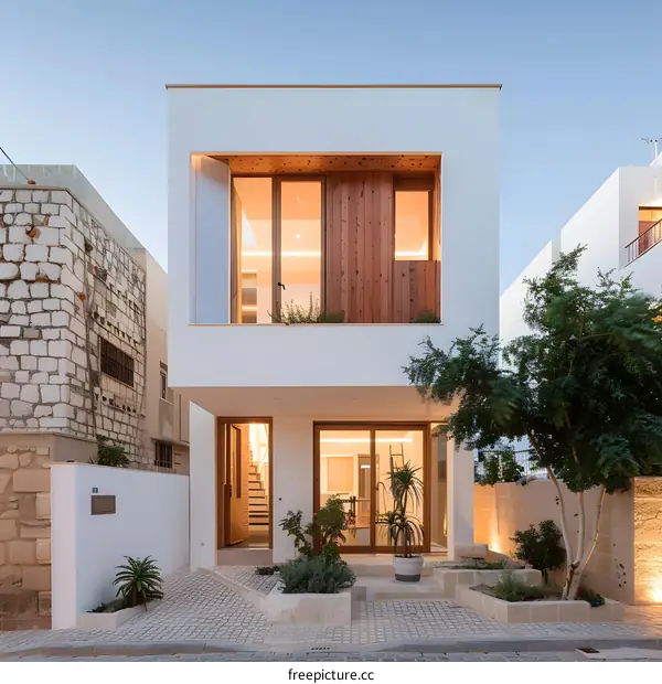 Modern White House with Wooden Accents and a Stone Wall