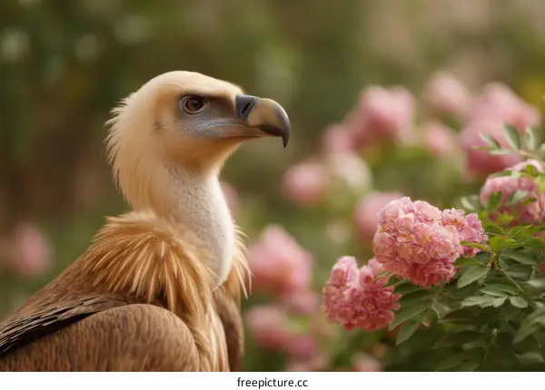 Closeup of a Griffon Vulture in a Rose Garden