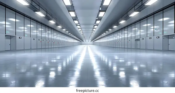 Empty Industrial Corridor With Light Reflecting On Floor