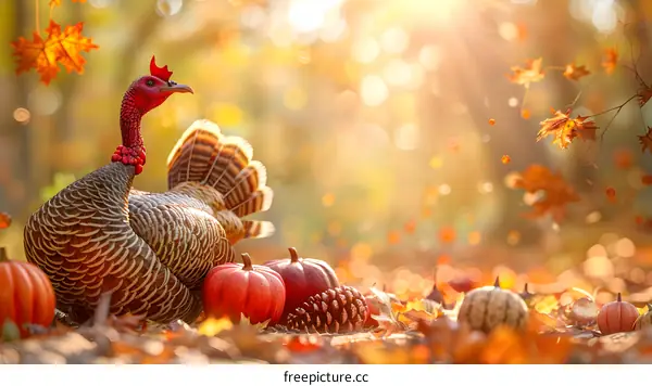 A turkey standing in the middle of fallen leaves with pumpkins and pine cones around it