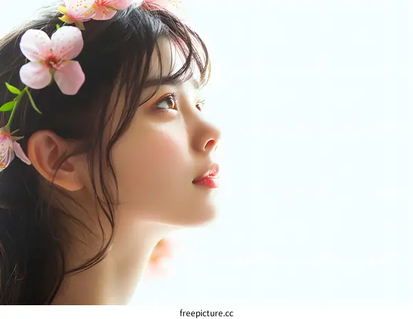 Close Up Portrait of a Young Asian Woman with Pink Flowers in Her Hair