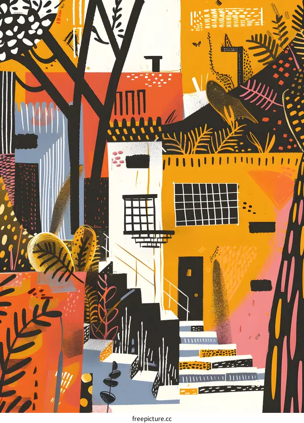 Abstract Illustration Of Colorful Buildings With Stairs In Front