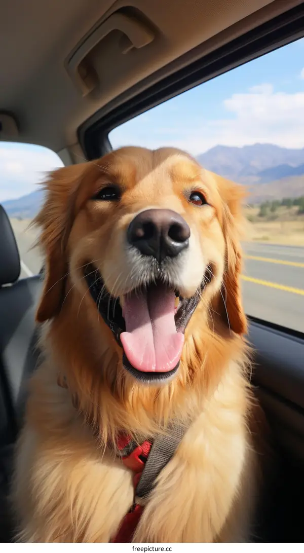 Happy golden retriever dog looking out the car window