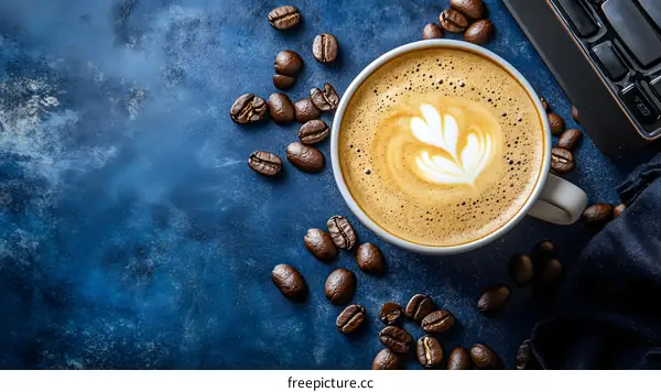 Close Up of a Cup of Latte Art Coffee Beans and Keyboard