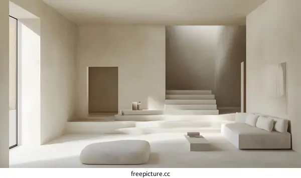 Minimalist Modern Interior Design with White Sofa and Geometric Stairs