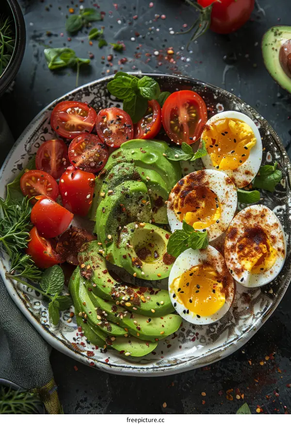 Healthy breakfast with avocado, eggs and tomatoes