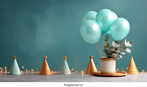 Birthday Party Decorations with Teal Balloons and Party Hats