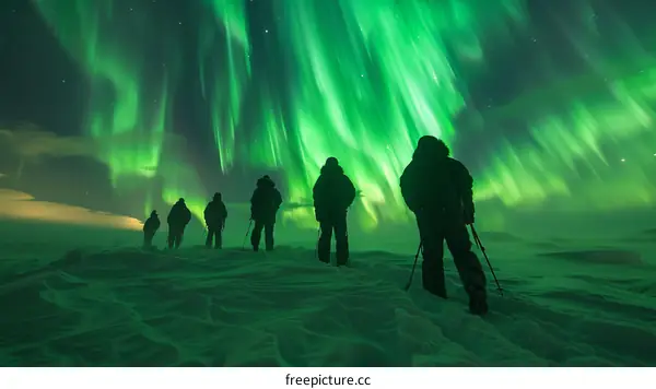 People in the Arctic under the Aurora