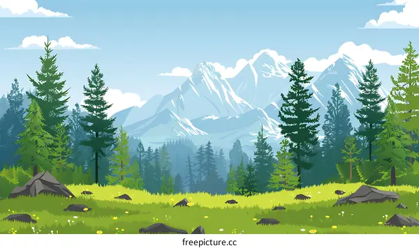 Green Grass Field and Mountain Landscape Illustration
