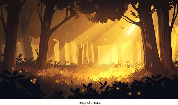 Golden Forest Illustration with Sun Rays and Fireflies
