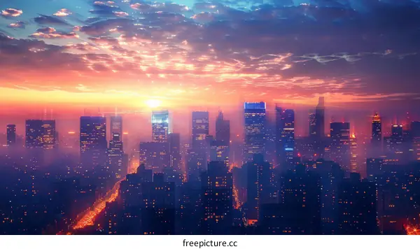 Vibrant Cityscape with Skyscrapers and Colorful Sky