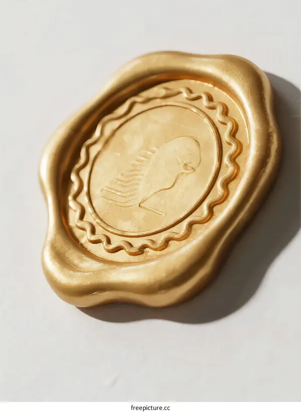 Golden Wax Seal with Intricate Bird Motif and Ornate Edges