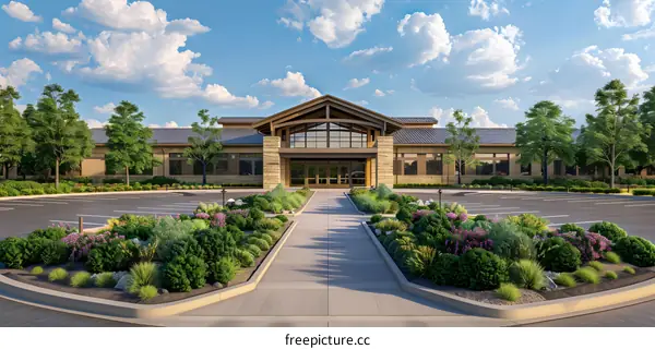 Modern Building with Stone Facade and Landscaped Entrance