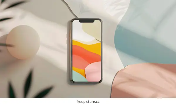 Minimalist Phone Mockup with Abstract Shapes and Palm Leaves