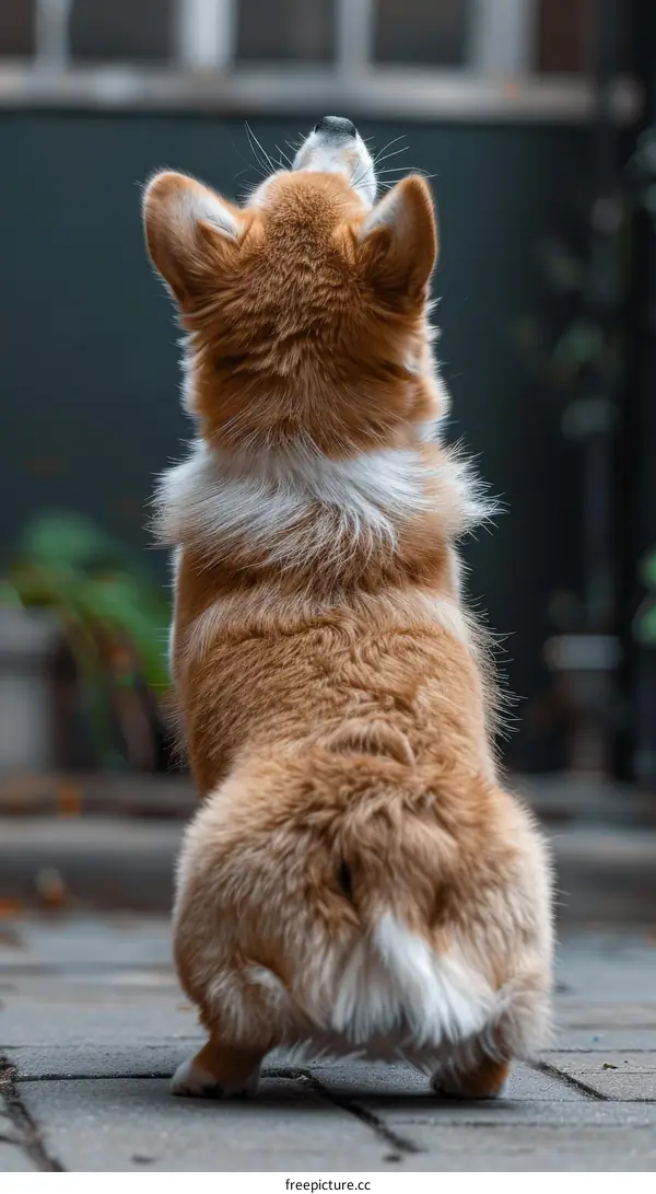 A cute dog is sitting on the ground with its back to the camera