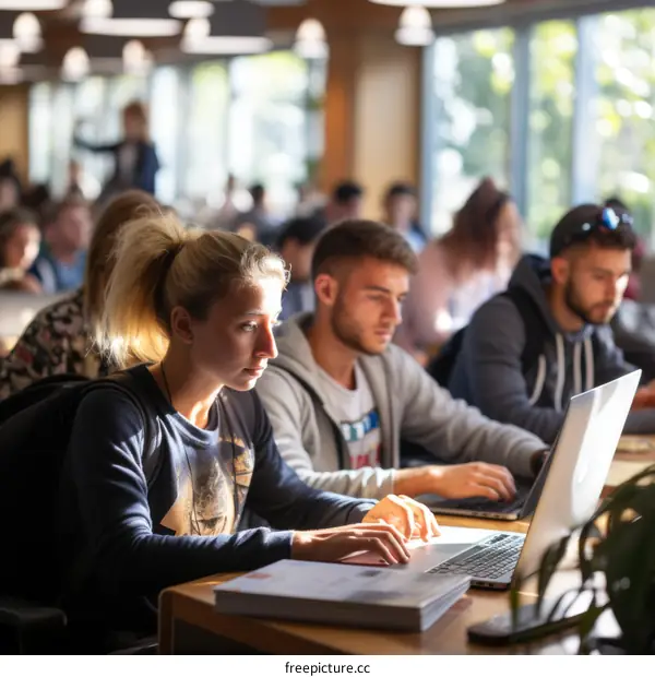 Focused multiethnic group of students studying together in a library
