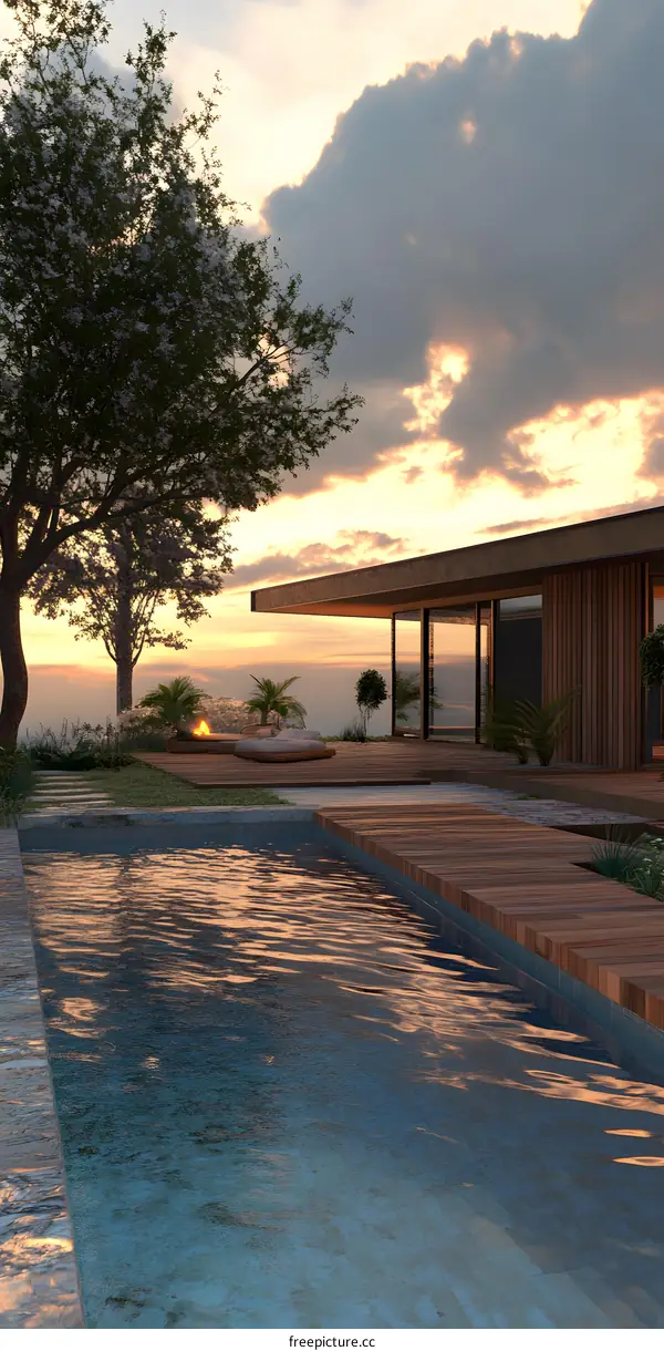 Modern Minimalist Villa With Pool And Sunset Sky