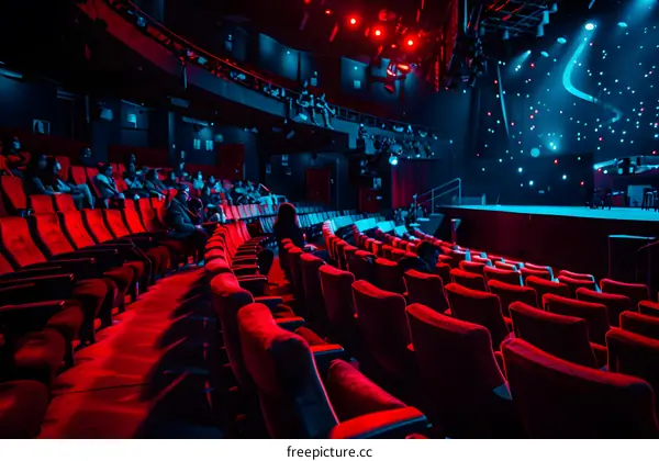 Empty Seats in Auditorium with Red Lighting