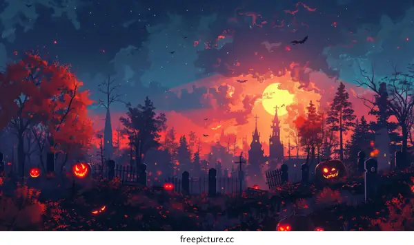 Halloween Graveyard with Pumpkin, Full Moon and Bats