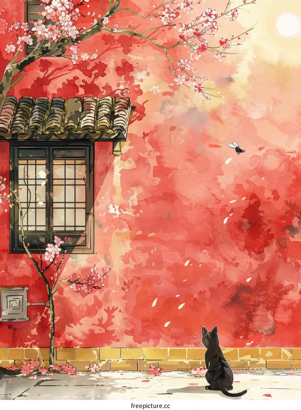 A black cat looking at the peach blossom tree