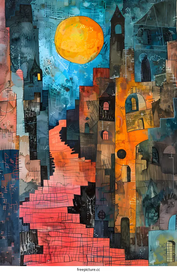 Abstract cityscape with bright orange moon
