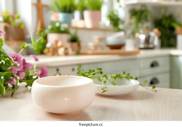 White Ceramic Bowl on Wooden Tabletop in Kitchen