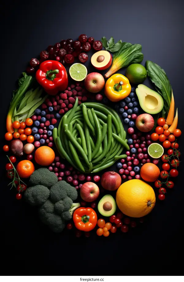 A variety of fruits and vegetables are arranged in a circle on a black background.